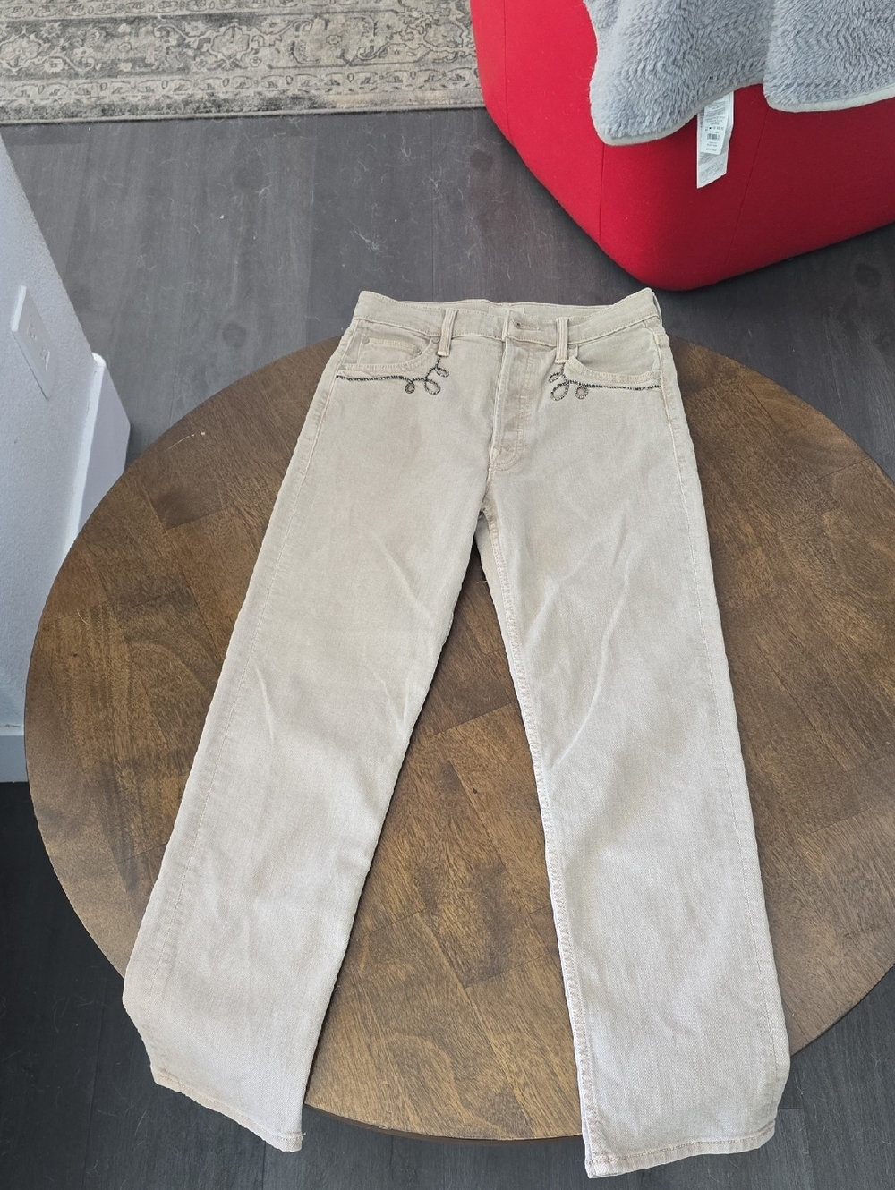 Beige Corduroy Straight-Leg Pants